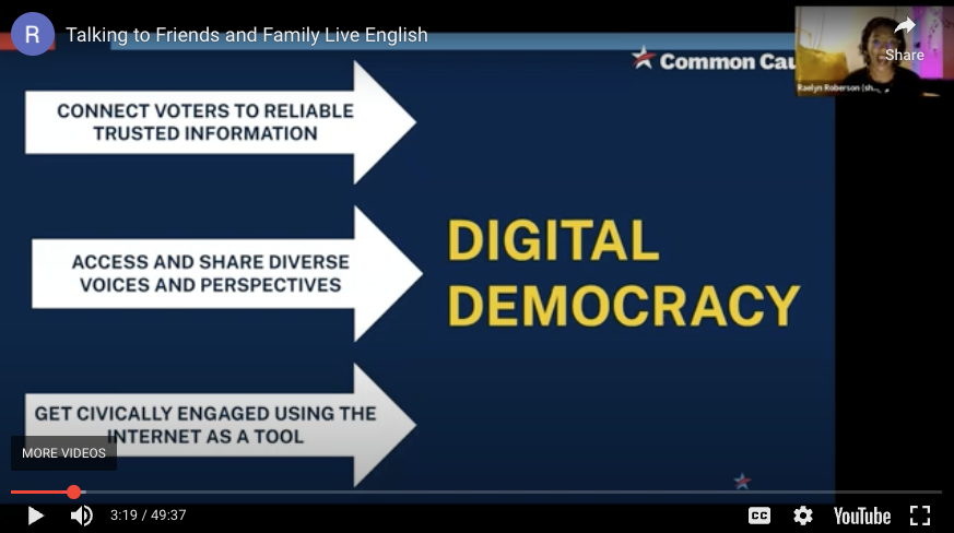 The words, Digital Democracy, with three arrows pointed at it. Each arrow has one of the following statements: Connect voters to reilable trusted information, access and share diverse voices and perspective, and get civically engaged using the internet as a tool.